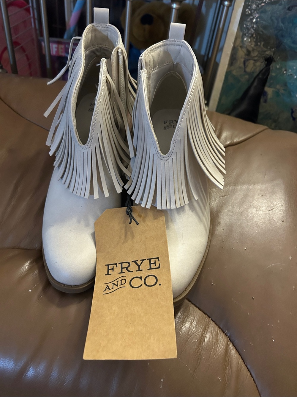 FRYE AND CO. White Fringe Leather Ankle Booties